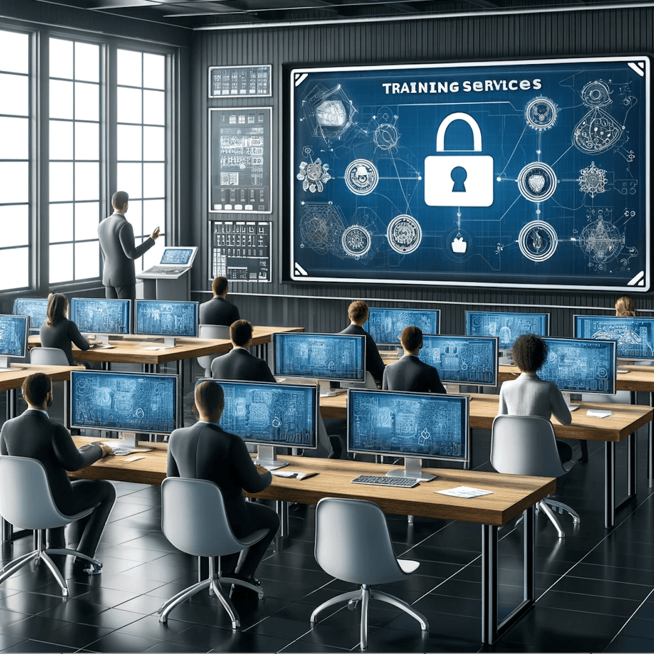 Instructor teaching a cybersecurity training class with attendees using computers and a large screen displaying security concepts.