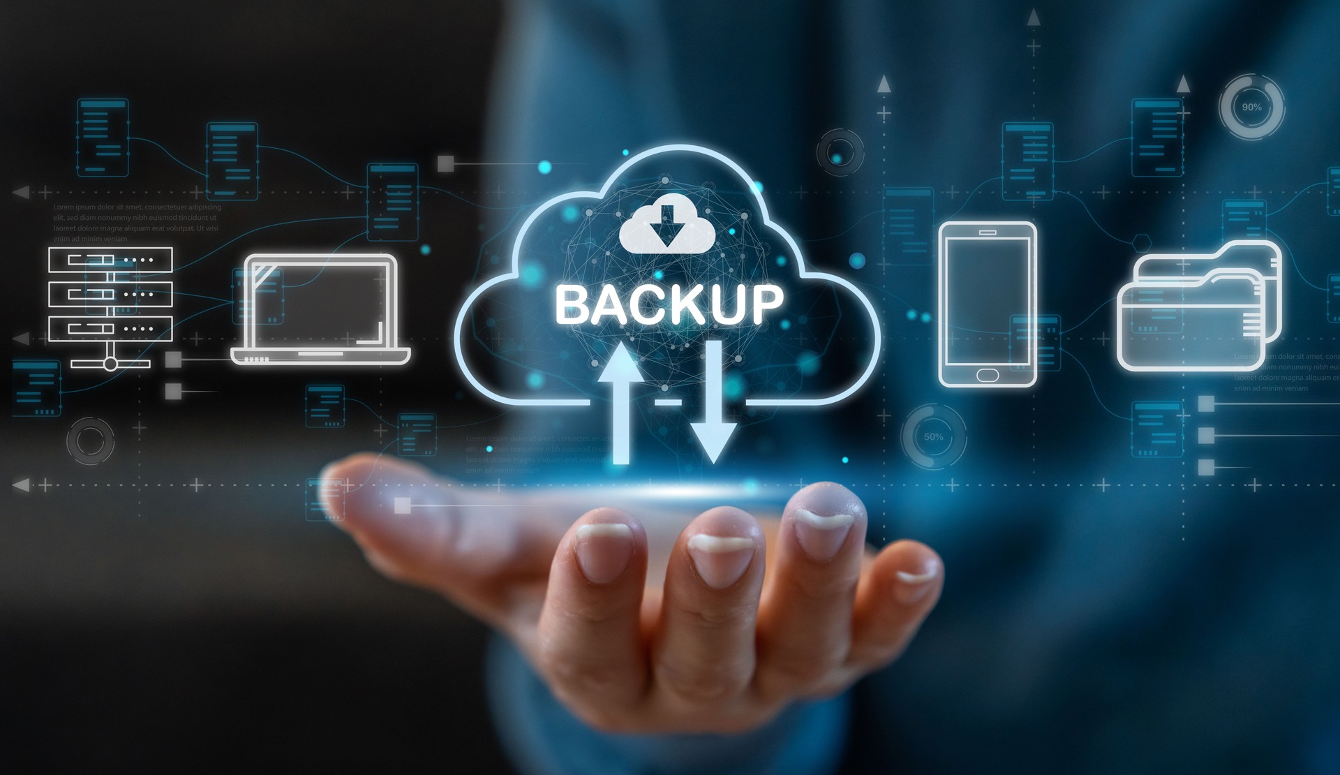 Hand hold security backup file storage data concept, technology digital, download, documentation, privacy, password, sharing, cloud online technology to protect computer, file, phone icon.security